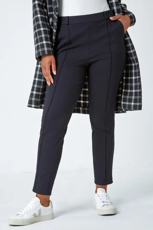 Women Black Petite Slim Fit Stretch Trousers Roman Trousers