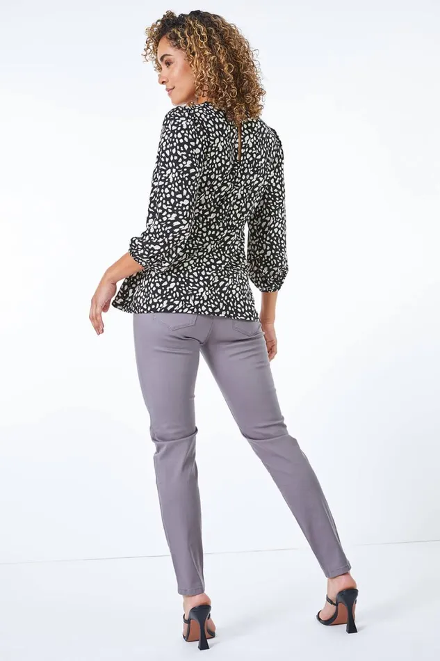 Women Black Petite Spot Puff Sleeve Top Roman Tops