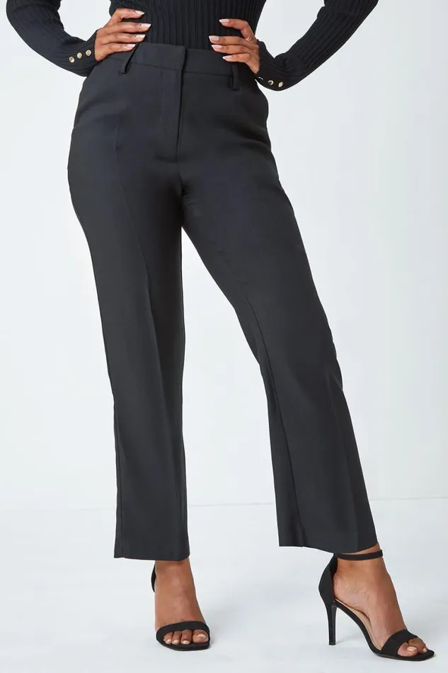 Women Black Petite Tapered Belted Trousers Roman Trousers
