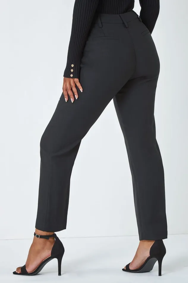 Women Black Petite Tapered Belted Trousers Roman Trousers