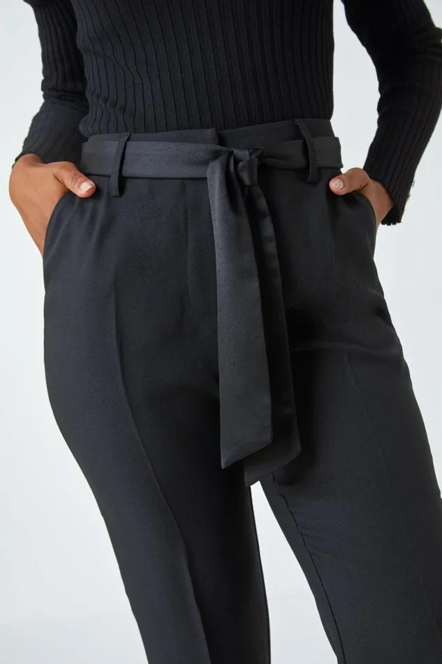Women Black Petite Tapered Belted Trousers Roman Trousers