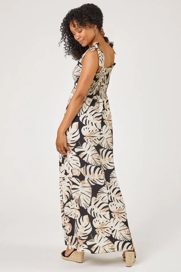 Women Black Petite Tropical Print Shirred Maxi Dress Roman Dresses