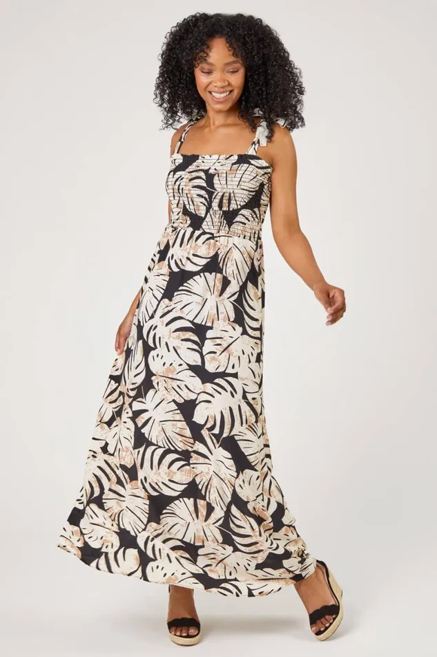 Women Black Petite Tropical Print Shirred Maxi Dress Roman Dresses
