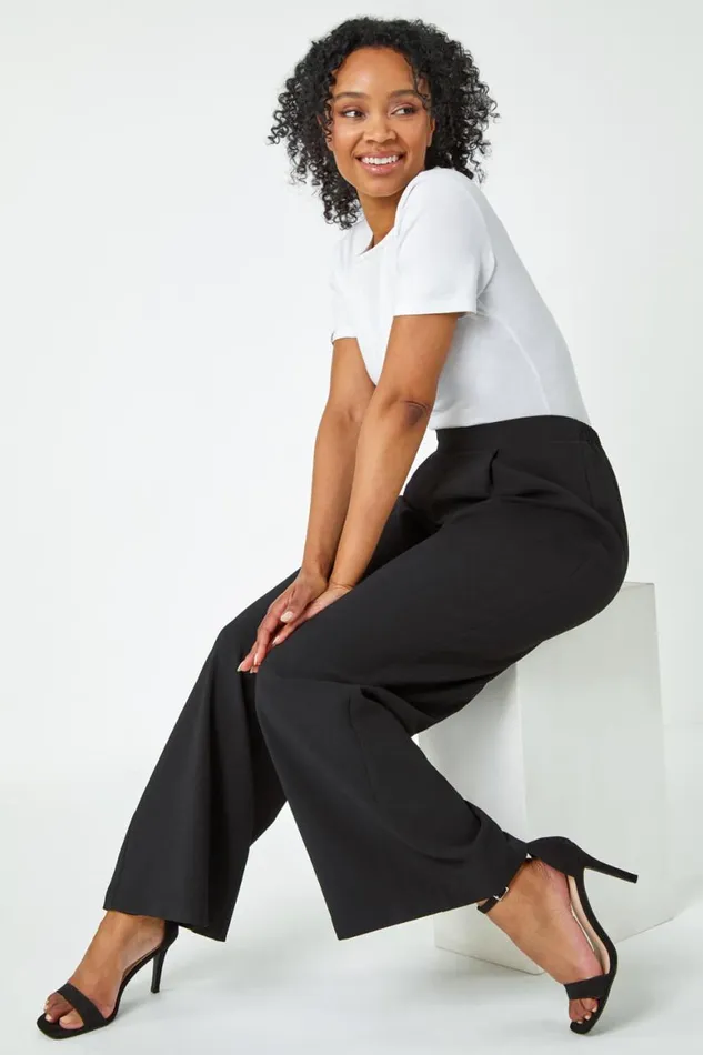 Women Black Petite Wide Leg Stretch Trousers Roman Trousers