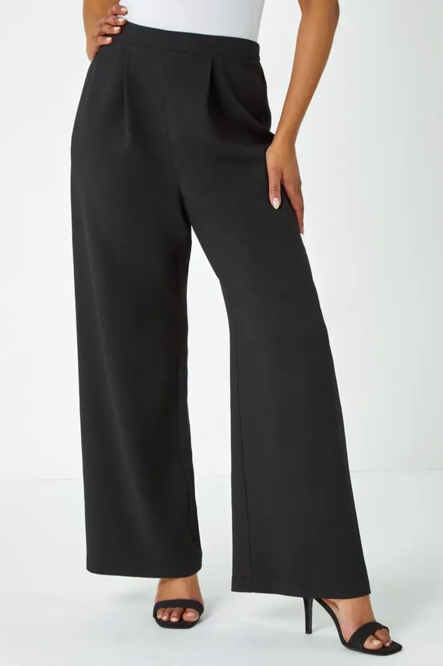 Women Black Petite Wide Leg Stretch Trousers Roman Trousers