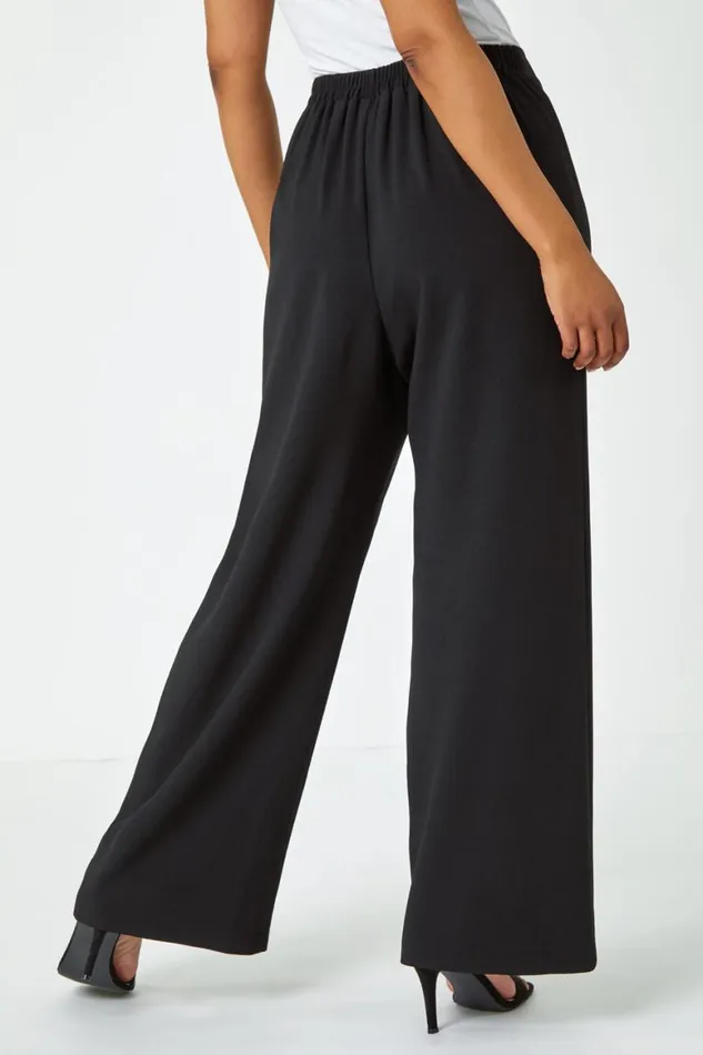 Women Black Petite Wide Leg Stretch Trousers Roman Trousers