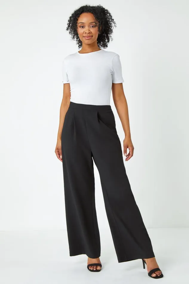 Women Black Petite Wide Leg Stretch Trousers Roman Trousers