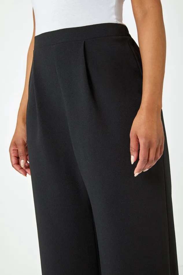 Women Black Petite Wide Leg Stretch Trousers Roman Trousers