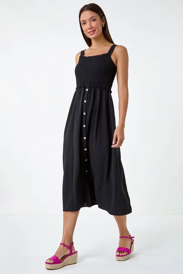 Women Black Plain Shirred Button Detail Midi Dress Roman Dresses