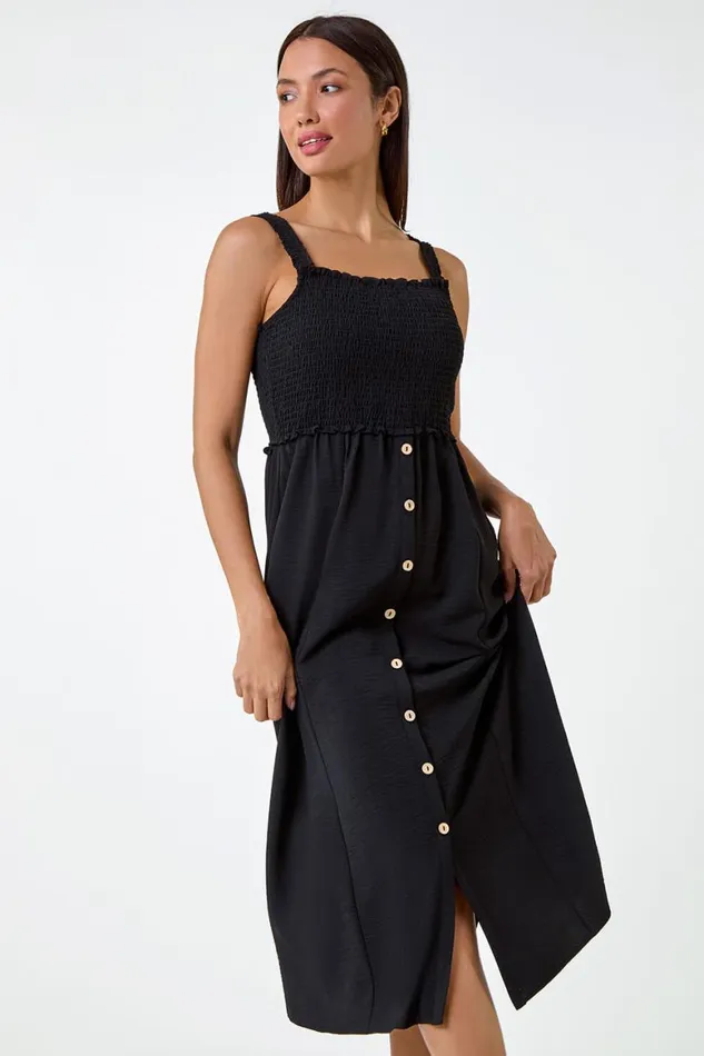 Women Black Plain Shirred Button Detail Midi Dress Roman Dresses