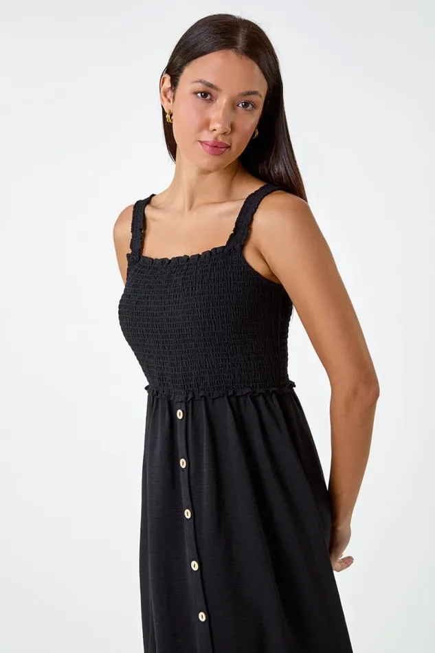 Women Black Plain Shirred Button Detail Midi Dress Roman Dresses