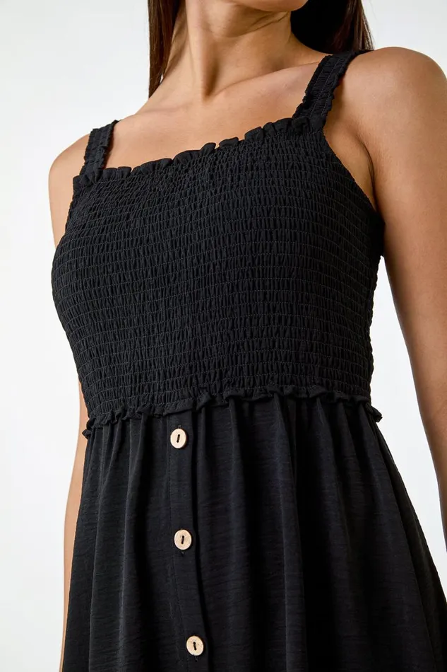 Women Black Plain Shirred Button Detail Midi Dress Roman Dresses
