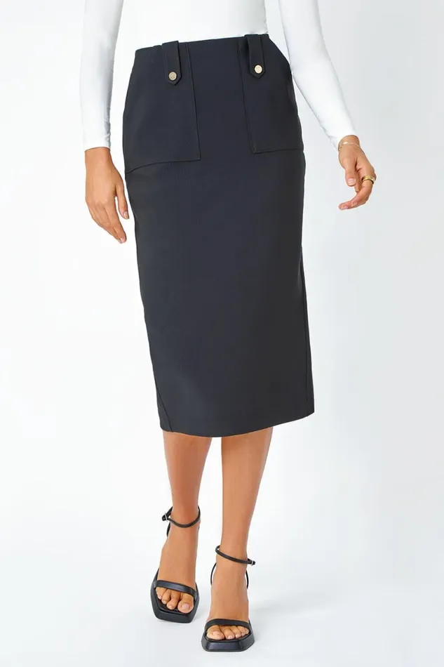 Women Black Ribbed Pocket Detail Midi Stretch Skirt Roman Skirts