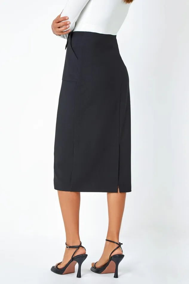 Women Black Ribbed Pocket Detail Midi Stretch Skirt Roman Skirts