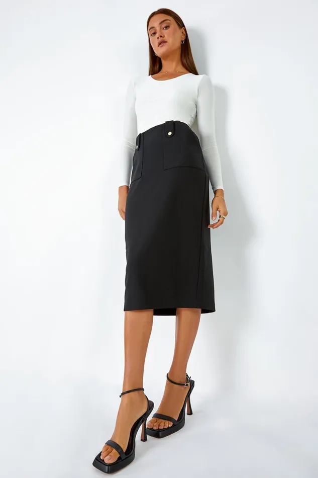Women Black Ribbed Pocket Detail Midi Stretch Skirt Roman Skirts