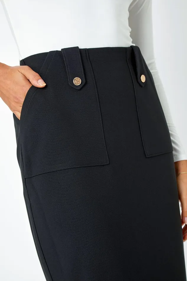 Women Black Ribbed Pocket Detail Midi Stretch Skirt Roman Skirts