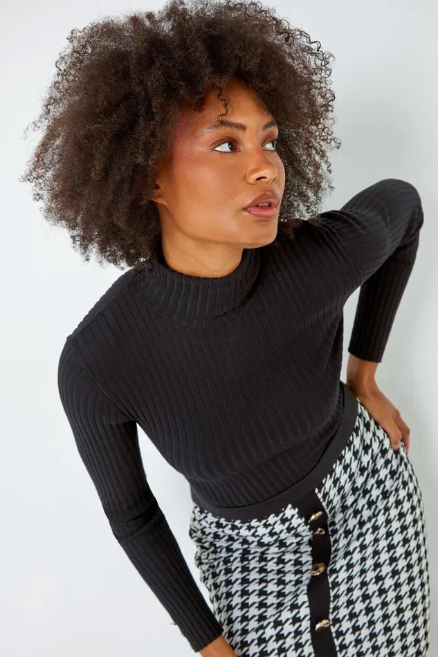 Women Black Ribbed Turtle Neck Jumper Roman Knitwear