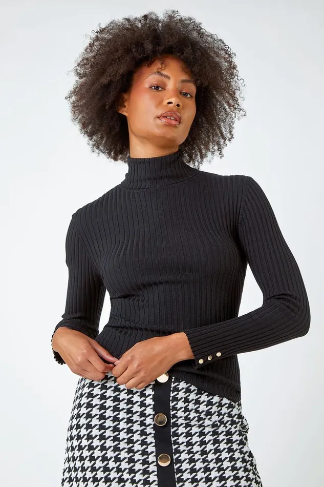 Women Black Ribbed Turtle Neck Jumper Roman Knitwear