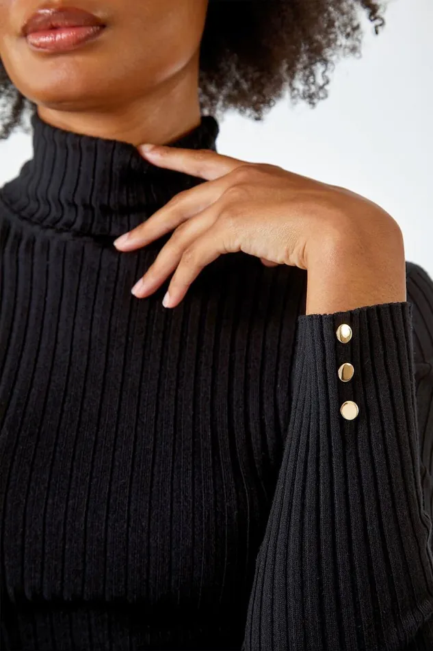 Women Black Ribbed Turtle Neck Jumper Roman Knitwear