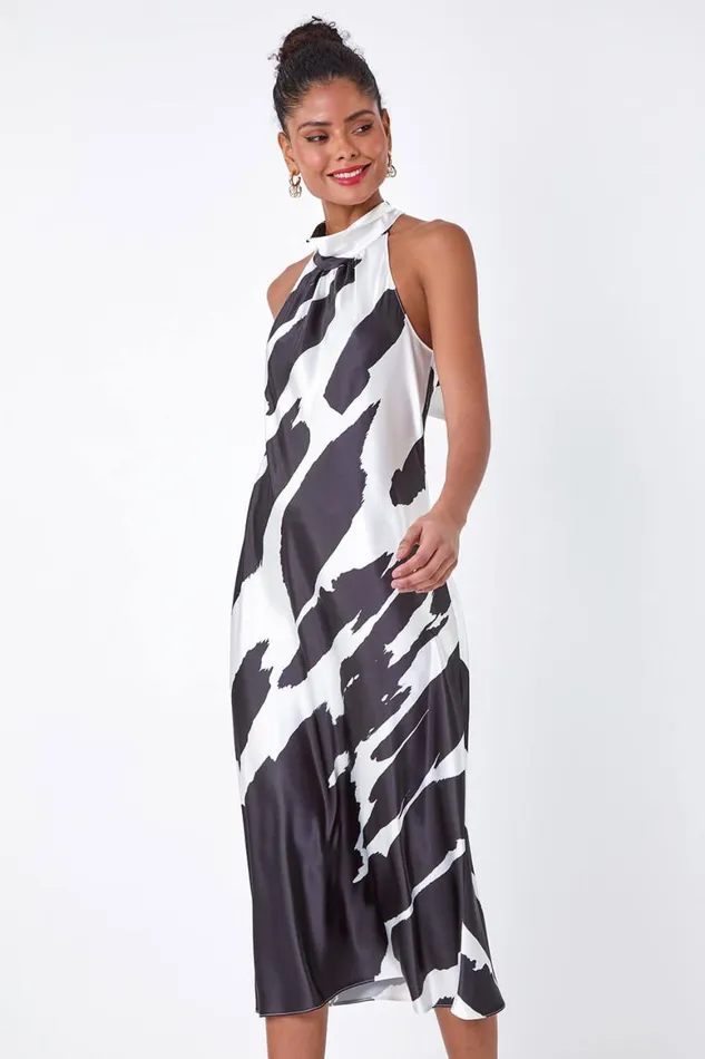 Women Black Satin Abstract Print Halterneck Dress Roman Dresses