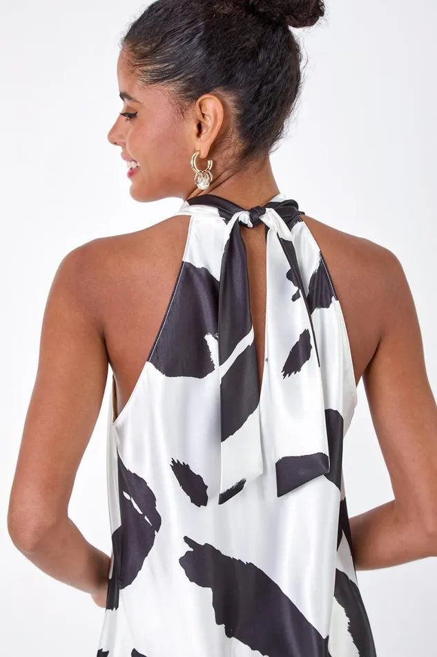 Women Black Satin Abstract Print Halterneck Dress Roman Dresses