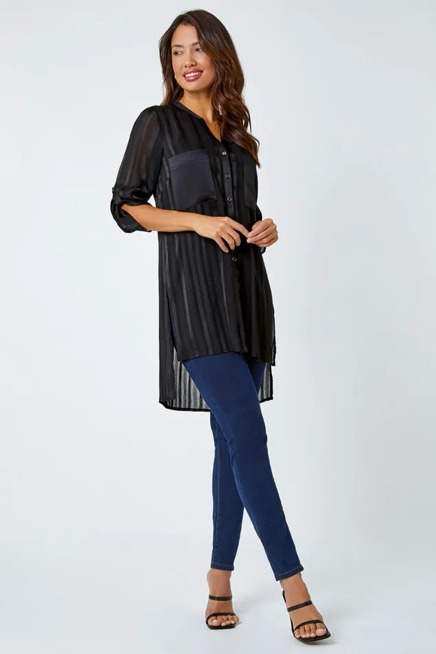 Women Black Satin Shimmer Stripe Longline Blouse Roman Tops