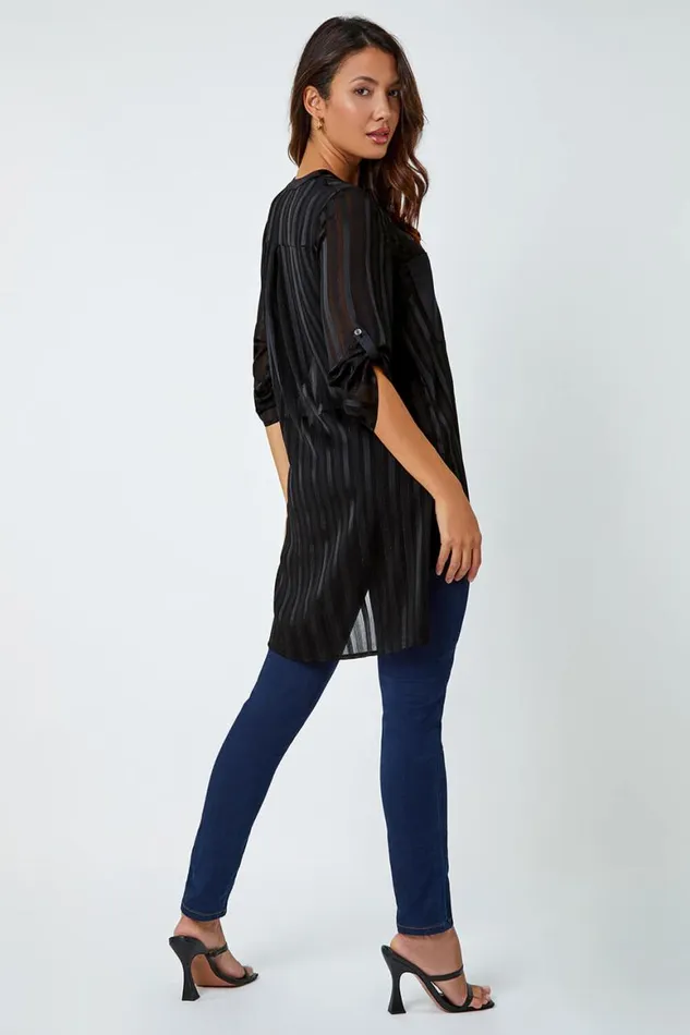 Women Black Satin Shimmer Stripe Longline Blouse Roman Tops