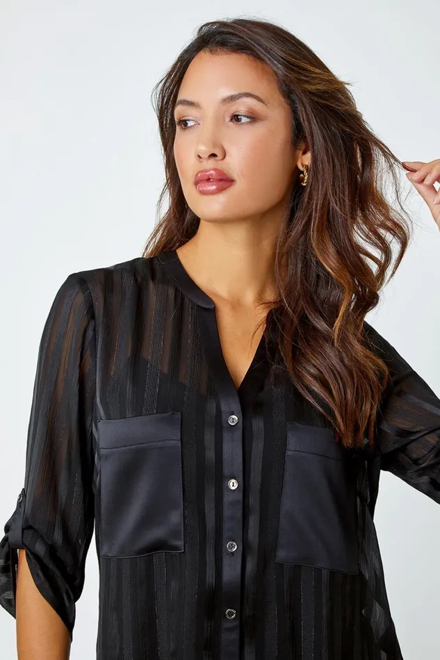 Women Black Satin Shimmer Stripe Longline Blouse Roman Tops