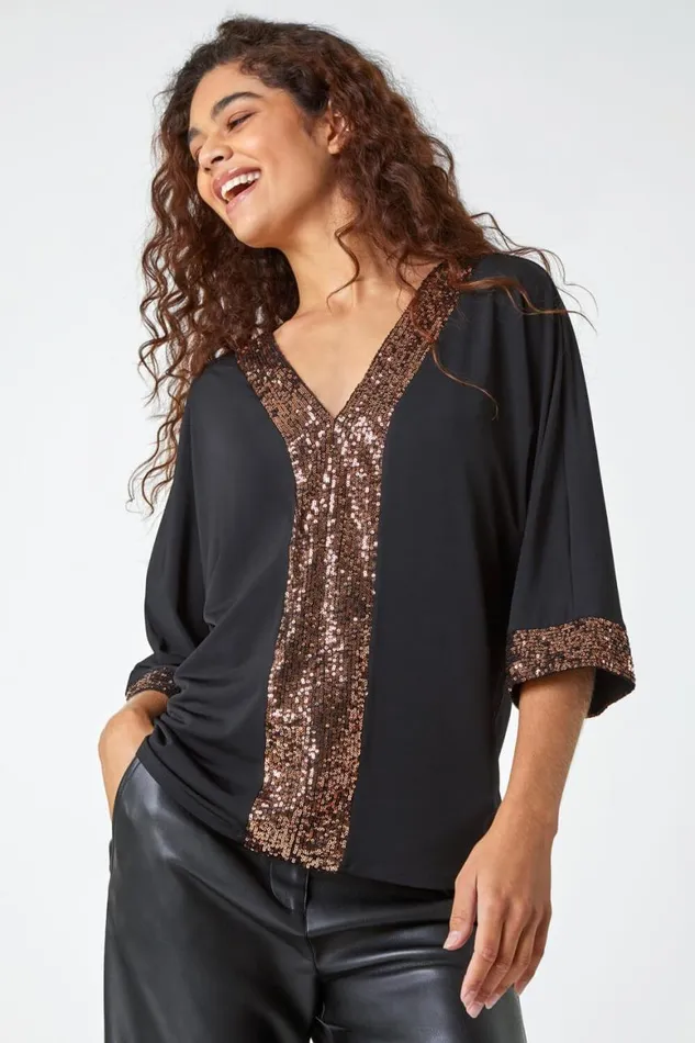 Women Black Sequin Detail Keyhole Stretch Top Roman Tops