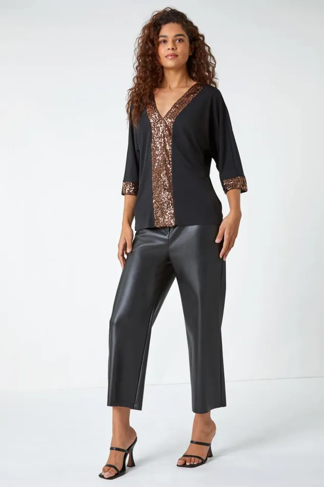 Women Black Sequin Detail Keyhole Stretch Top Roman Tops