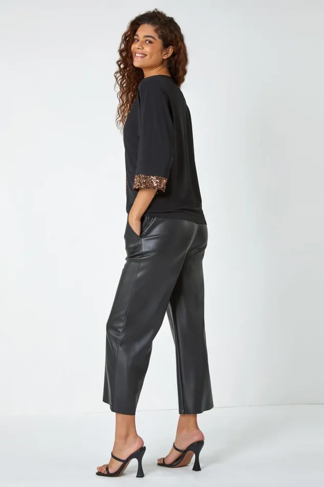 Women Black Sequin Detail Keyhole Stretch Top Roman Tops