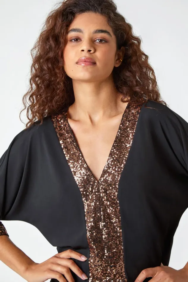 Women Black Sequin Detail Keyhole Stretch Top Roman Tops