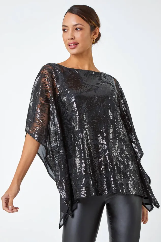 Women Black Sequin Overlay Stretch Chiffon Top Roman Tops