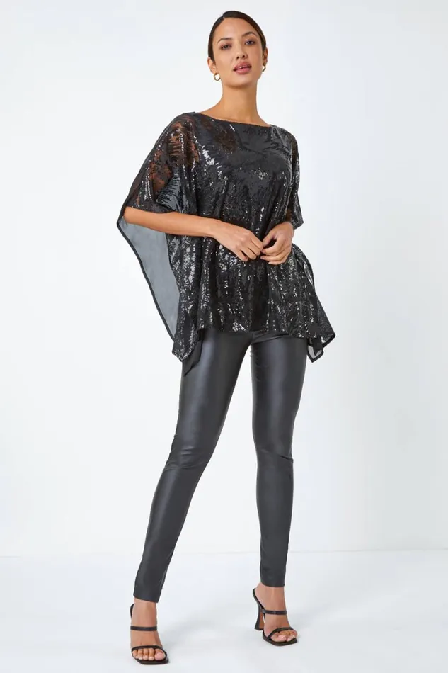 Women Black Sequin Overlay Stretch Chiffon Top Roman Tops