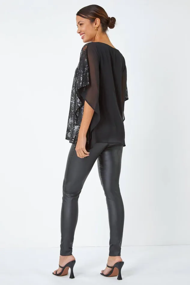 Women Black Sequin Overlay Stretch Chiffon Top Roman Tops