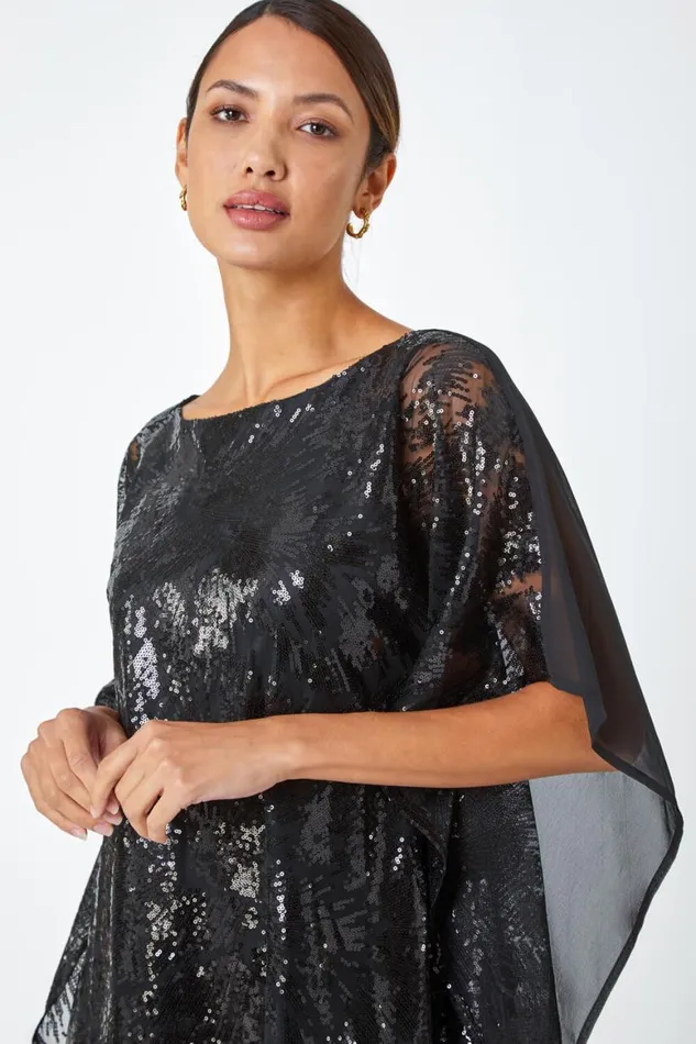 Women Black Sequin Overlay Stretch Chiffon Top Roman Tops