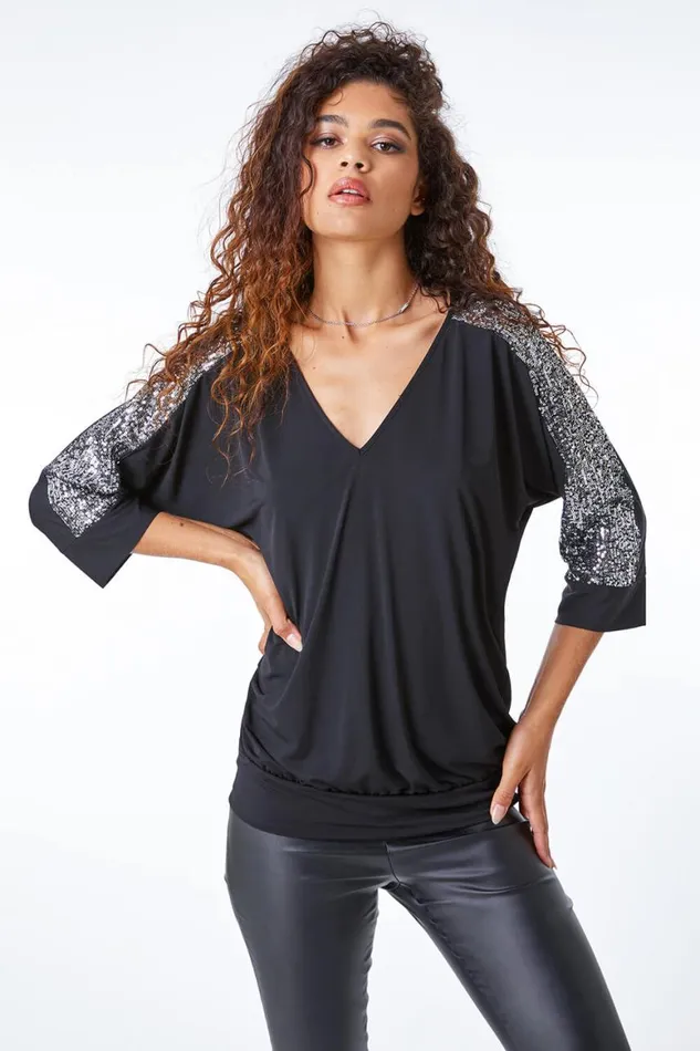 Women Black Sequin Trim Stretch Jersey Top Roman Tops