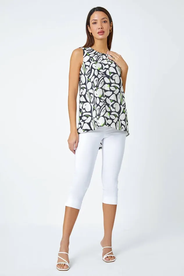 Women Black Sleeveless Abstract Print Pleated Top Roman Tops