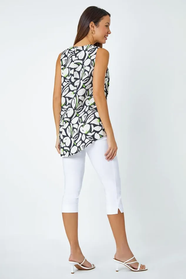 Women Black Sleeveless Abstract Print Pleated Top Roman Tops