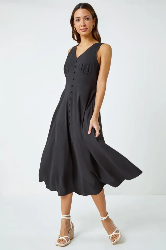 Women Black Sleeveless Button Detail Cotton Midi Dress Roman Dresses