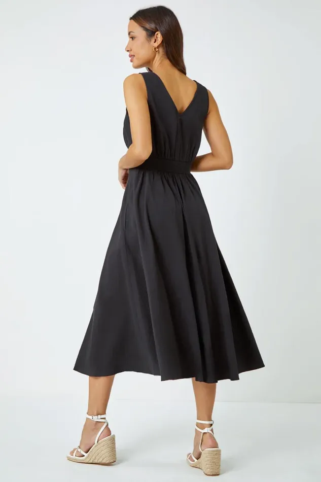 Women Black Sleeveless Button Detail Cotton Midi Dress Roman Dresses
