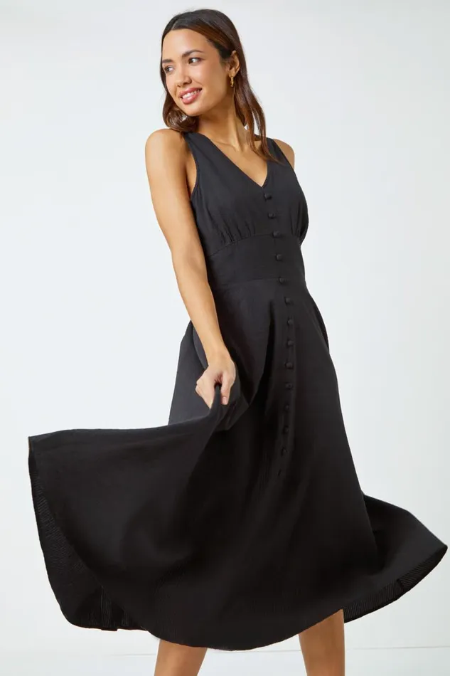 Women Black Sleeveless Button Detail Cotton Midi Dress Roman Dresses