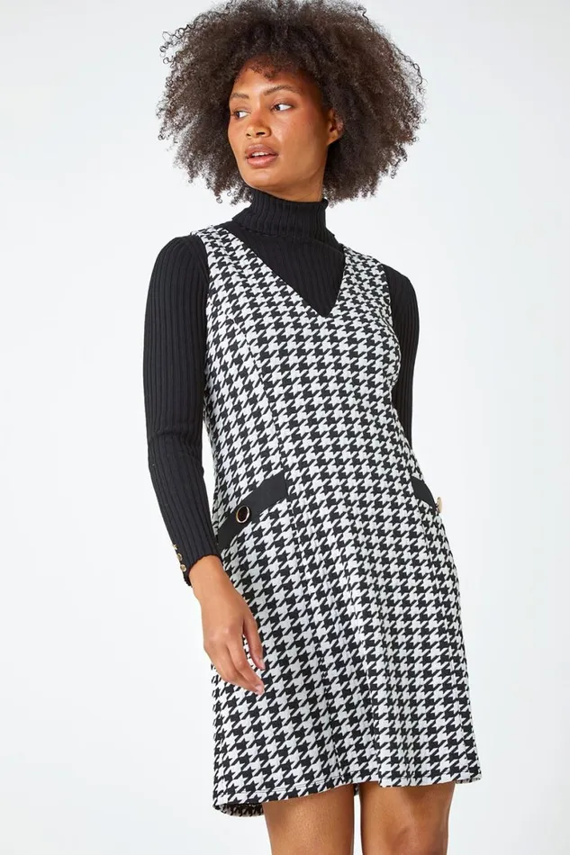 Women Black Sleeveless Houndstooth Stretch Dress Roman Dresses