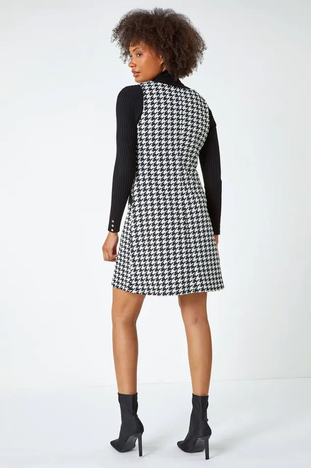 Women Black Sleeveless Houndstooth Stretch Dress Roman Dresses