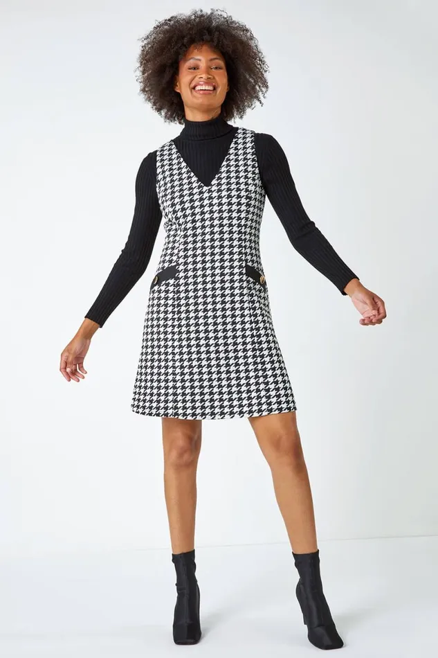 Women Black Sleeveless Houndstooth Stretch Dress Roman Dresses