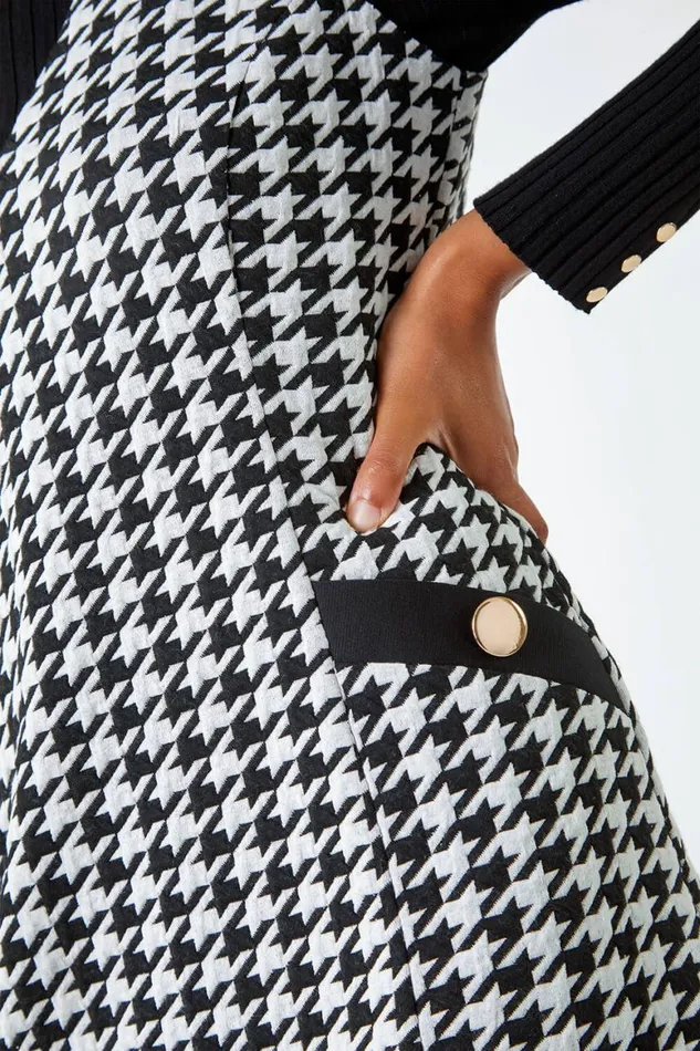Women Black Sleeveless Houndstooth Stretch Dress Roman Dresses