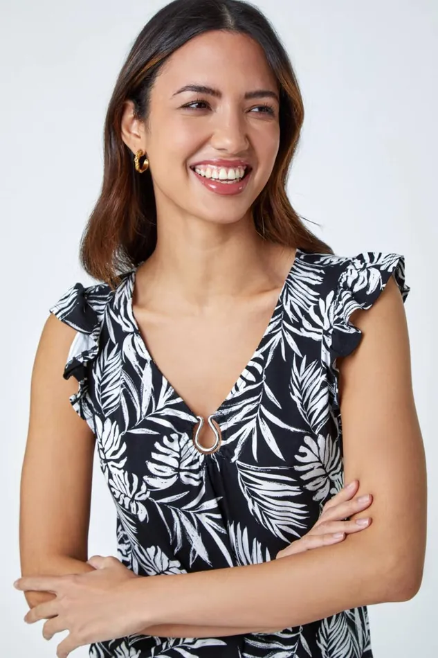 Women Black Sleeveless Palm Print Frill Top Roman Tops