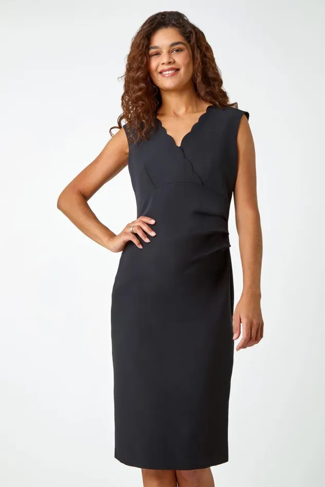 Women Black Sleeveless Pleated Stretch Ruched Dress Roman Dresses
