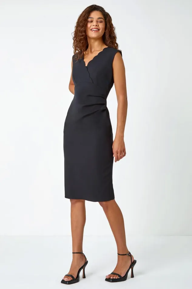 Women Black Sleeveless Pleated Stretch Ruched Dress Roman Dresses