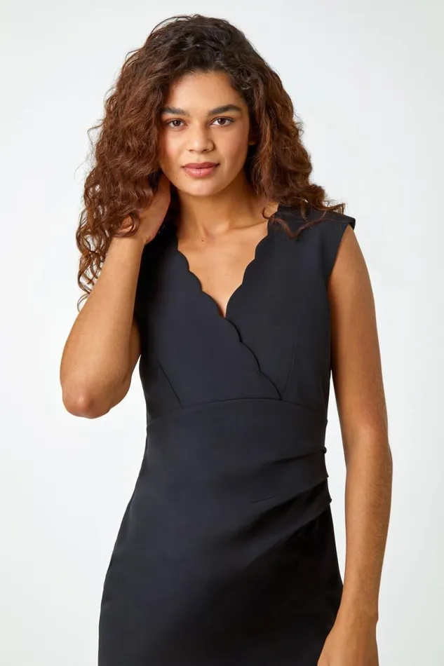 Women Black Sleeveless Pleated Stretch Ruched Dress Roman Dresses